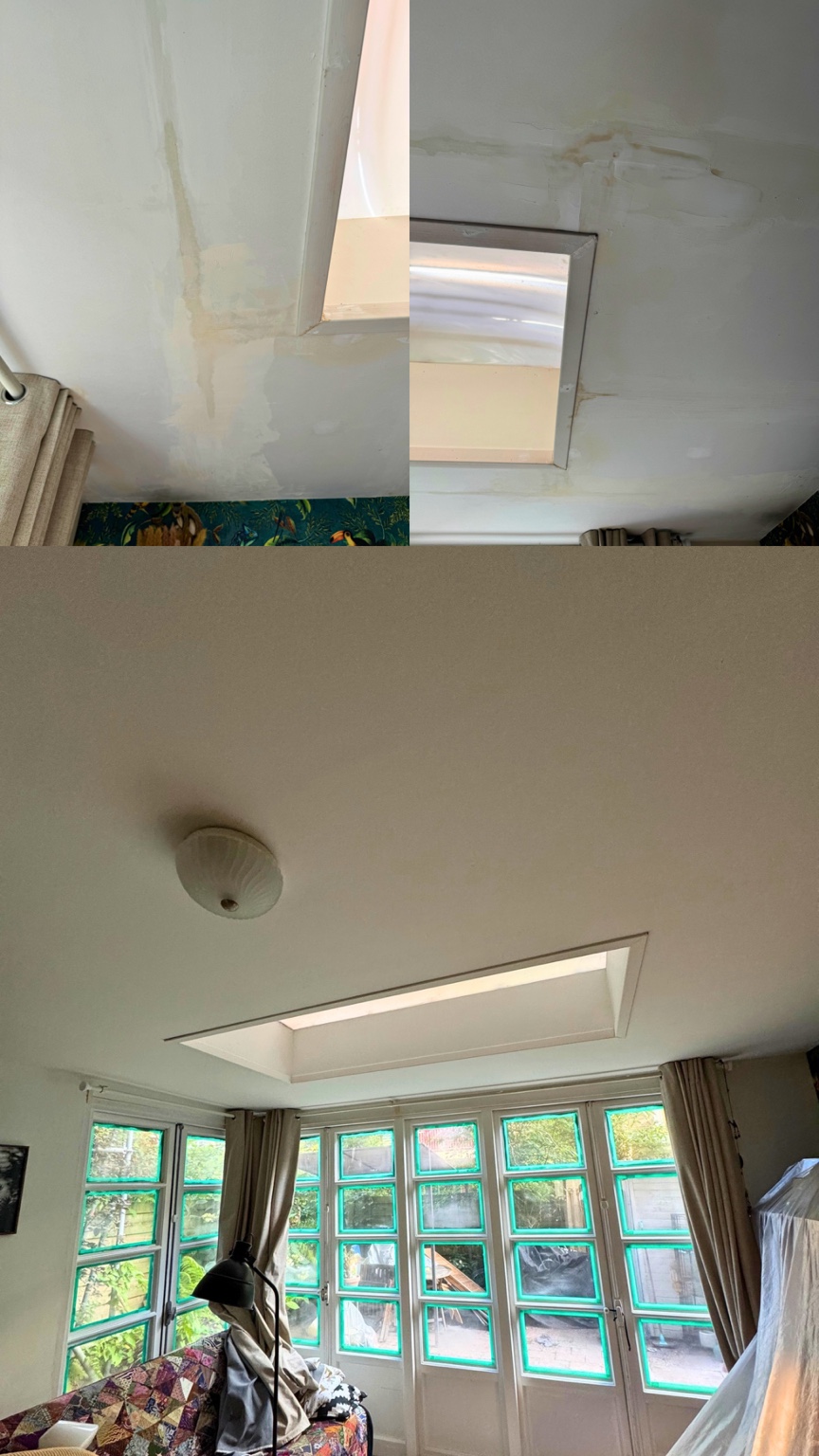 Voor en na herstel en schilderwerk van een beschadigd plafond
